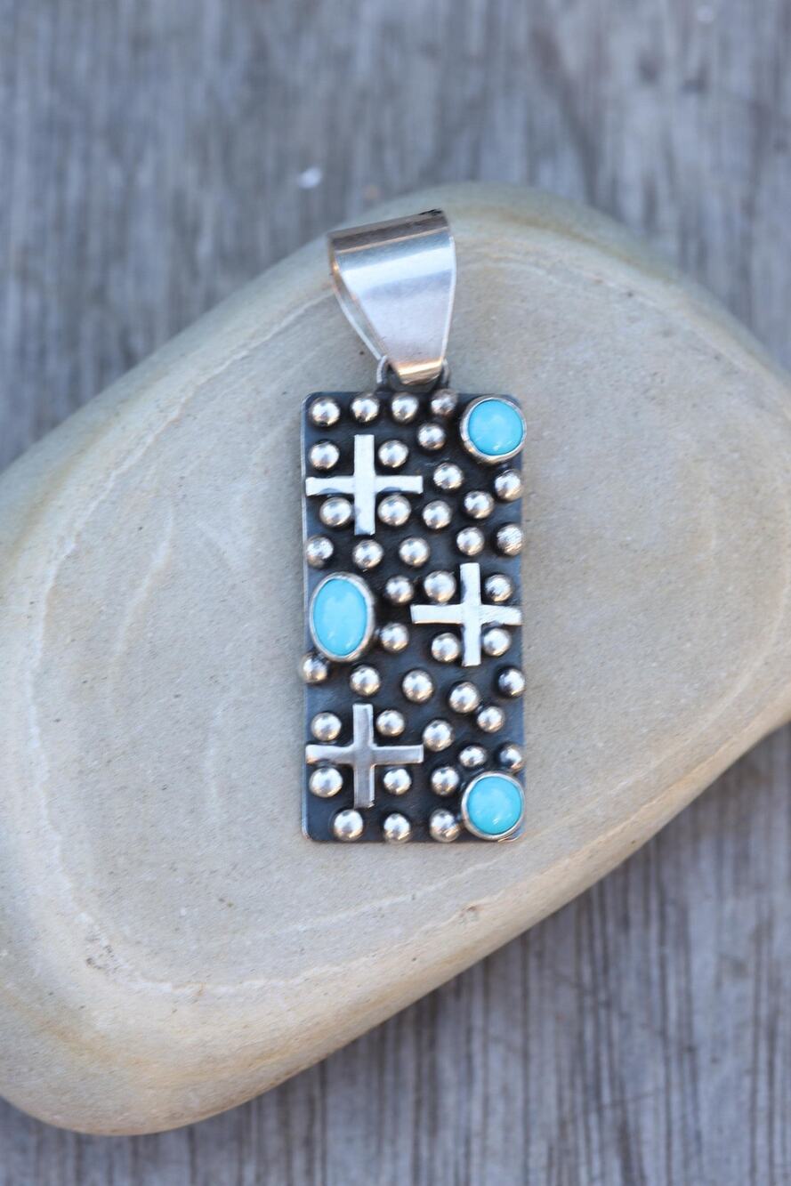 Turquoise Cross Pendant | Navajo | Sterling Silver | Ronnie Willie Tufa Cast